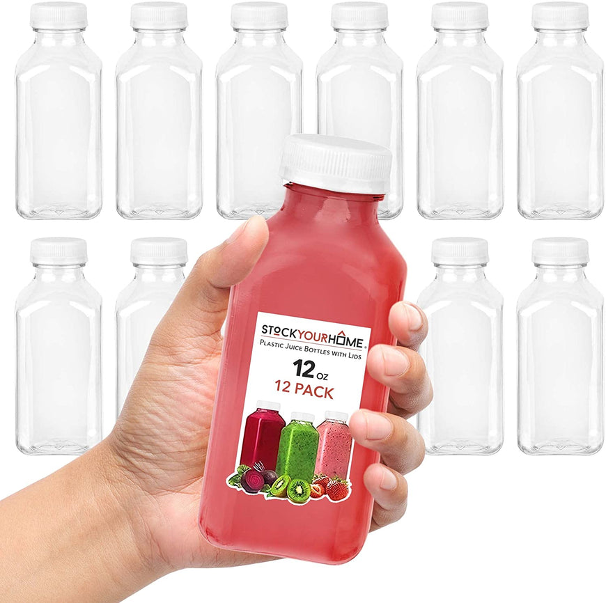 Stock Your Home 12-Ounce Bottles with White Caps (12 Pack) - BPA-Free Plastic Bottles with Tamper Proof Caps - Leak Resistant & Reusable - Bottles for Juice