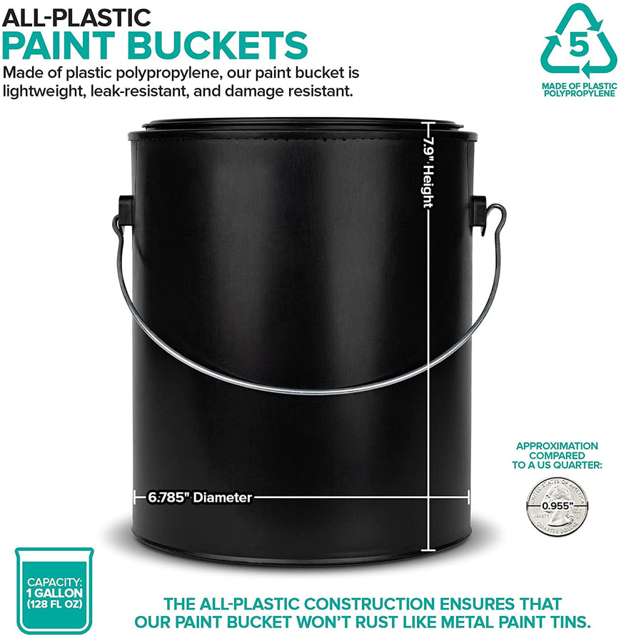 1 Gallon Plastic Paint Bucket (Black) - Triple Lock Airtight Seal - Minimizes Skimming - Rust Proof - Odor & Chemical Resistant - 128 Fl Oz All-Plastic Paint Can with Metal Handle - Stock Your Home