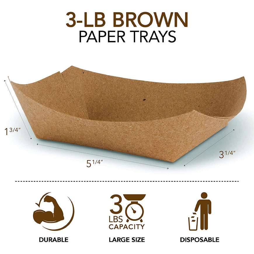Paper Food Boats (250 Pack) Disposable Brown Tray 3 Lb - Eco Friendly Brown Paper Food Trays 5