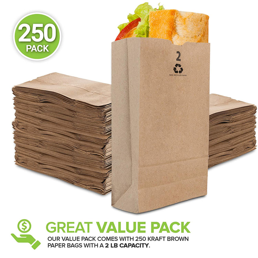 Stock Your Home 2 Lb Kraft Brown Paper Bags (250 Count) - Small Kraft Brown Paper Bags for Packing Lunch - Blank Kraft Brown Paper Bags for Arts & Crafts Projects