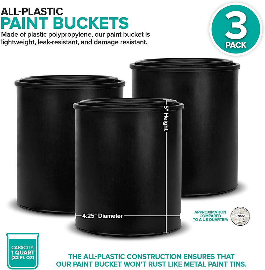 1-Quart Plastic Paint Bucket (3 Pack) - Triple Lock Airtight Seal - Minimizes Skimming - Rust Proof - Odor & Chemical Resistant - 32 Fl Oz All-Plastic Paint Can with Snap On Lid - Stock Your Home