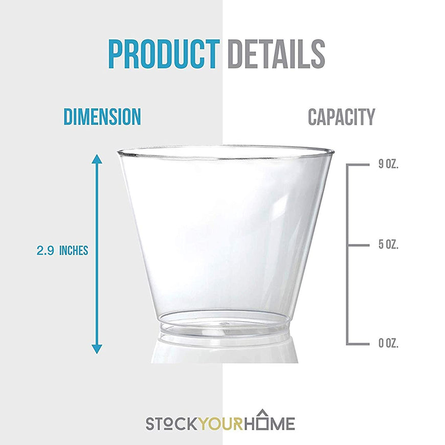 Stock Your Home 9 oz Hard Plastic Old Fashioned Tumblers 100 Pack -BPA Free & Recyclable - Shatterproof Cocktails Cups - Disposable & Reusable Tumblers for Champagne, Dessert, Food
