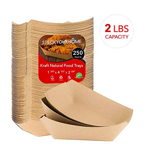 Paper Food Boats (250 Pack) Disposable Brown Tray 2 Lb - Eco Friendly Brown Paper Food Tray 4.5