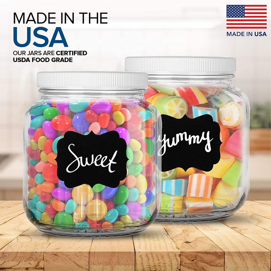 64 Oz Glass Jar with Plastic Airtight Lid (4 Pack) - Includes 6 Chalkboard Labels & 12 Pieces of Dustless Chalk - Half Gallon Mason Jar for pickling, fermentation, brewing, food storage