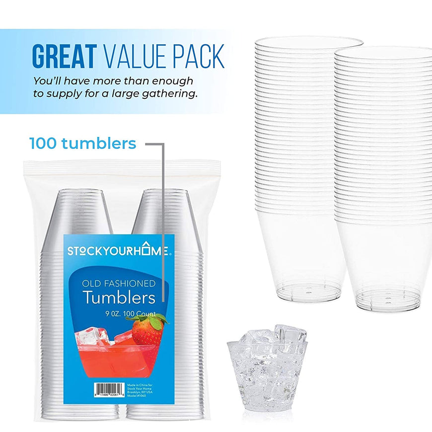 Stock Your Home 9 oz Hard Plastic Old Fashioned Tumblers 100 Pack -BPA Free & Recyclable - Shatterproof Cocktails Cups - Disposable & Reusable Tumblers for Champagne, Dessert, Food