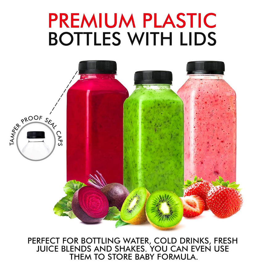 Plastic Juice Bottles with Lids, Juice Drink Containers with Caps for Juicing Smoothie Drinking Cold Beverages, 16 Oz, 12 Count