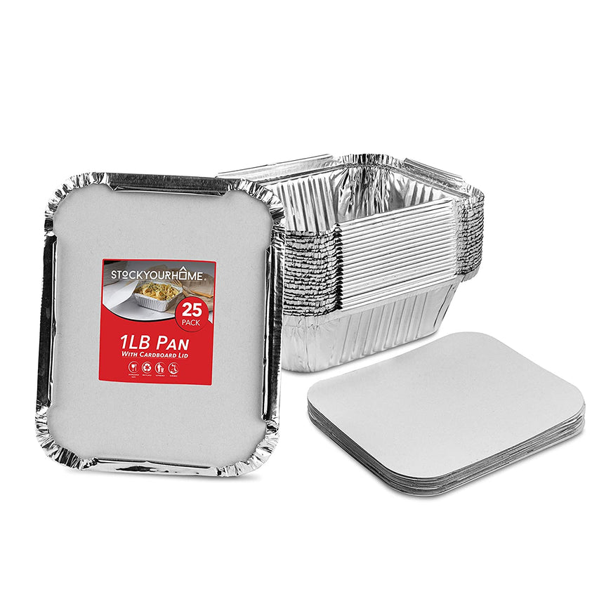Stock Your Home 1 Lb Aluminum Disposable Cookware With Lids (25 Pack) - Foil Pans Cardboard Lids - Disposable & Recyclable Takeout Trays With Lids - Food Containers For Restaurants, Catering, Delis