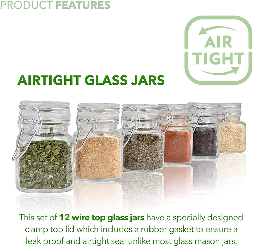 3 oz Small Glass Jars With Airtight Lids, Glass Spice Jars - Leak Proof Rubber Gasket and Hinged Lid for Home and Kitchen, Small Glass Containers with Lids for Party Favors (12 Pack)