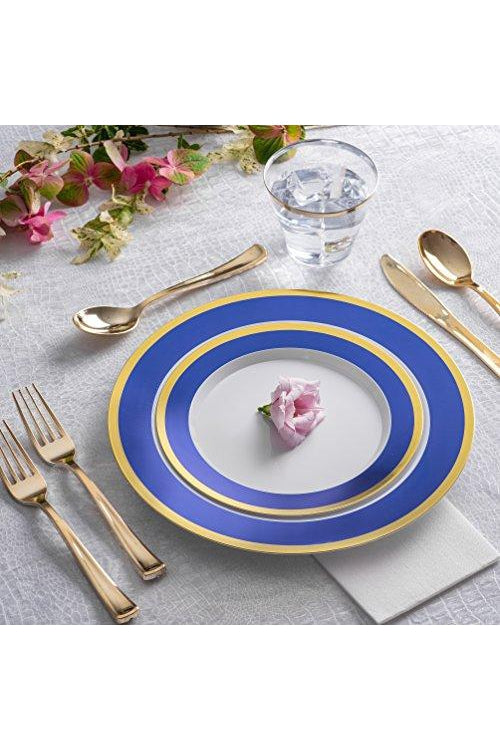Blue and Gold Rim Plastic Dinnerware (125-Piece) Plastic Plates, Plastic Forks, Plastic Knives, Plastic Spoons - Service for 25 Guests Place Setting for Wedding, Party, Baby Shower, Birthday, Holiday