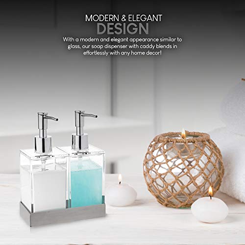 Modern Innovations Acrylic Twin Liquid Soap and Lotion Dispenser Set with Caddy - Double Soap Dispenser for Kitchen Sink - Clear Soap Dispenser for Bathroom, Shampoo, Conditioner, Body Wash