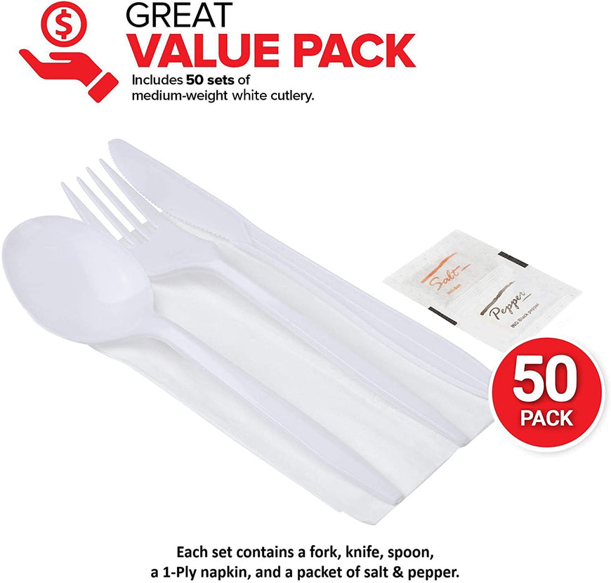 Stock Your Home Plastic Cutlery Packets with Salt & Pepper in Black (50 Count) - Wrapped Cutlery - Plastic Utensils Individually Wrapped for Take Out, Delivery, Cafeterias, Restaurants, Uber Eats