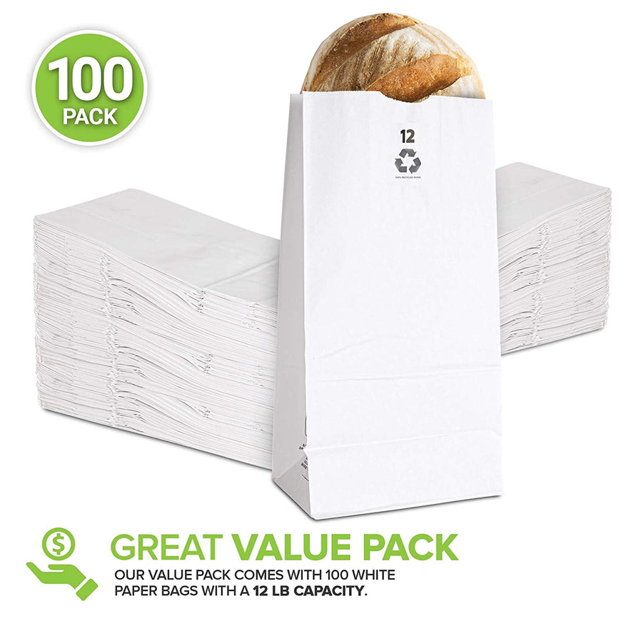 Stock Your Home 12 Lb White Paper Bags (100 Count) - Eco Friendly White Lunch Bags - White Paper Bags for Packing Lunch & Snacks - Blank White Lunch Bags Paper for Arts & Crafts Projects