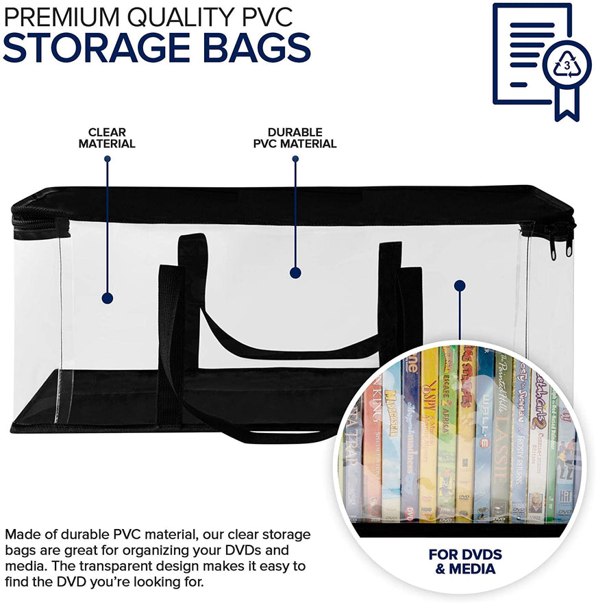 Stock Your Home DVD Storage Bags (2 Pack) - Transparent PVC Media Storage - Water Resistant DVD Holder Case with Handles - Clear Plastic Carrying Game Bag Storage for DVDs, CDs, Video Games, Books