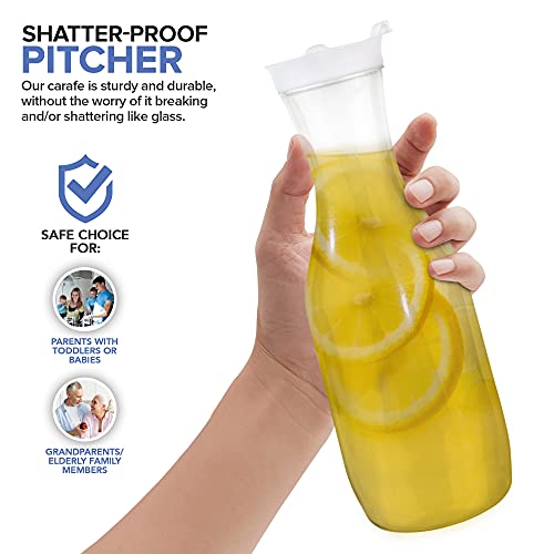 Stock Your Home 50 oz Plastic Water Carafes with White Flip Tab Lids (2 Pack) - Food Grade & Recyclable Shatterproof Pitchers - Juice Jar for Lemonade, Milk, Mimosas, Iced Tea, Laundry Detergent