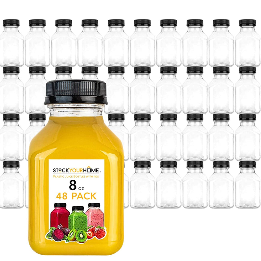 Stock Your Home Plastic Juice Bottles 8 Oz with Lids, Juice Drink Containers with Caps for Juicing Smoothie Drinking Cold Beverages, 8 Oz Bottles with Caps, 48 Count