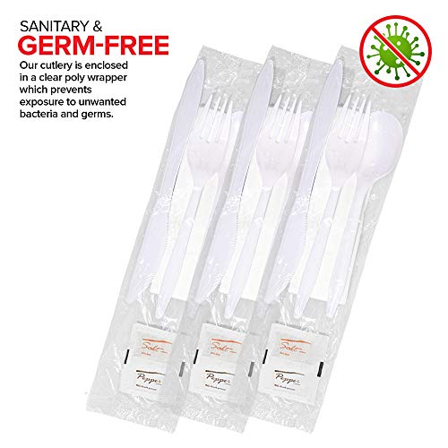 Stock Your Home Plastic Cutlery Packets with Salt & Pepper in White (50 Count) - Wrapped Cutlery - Plastic Utensils Individually Wrapped for Take Out, Delivery, Cafeterias, Restaurants, Uber Eats