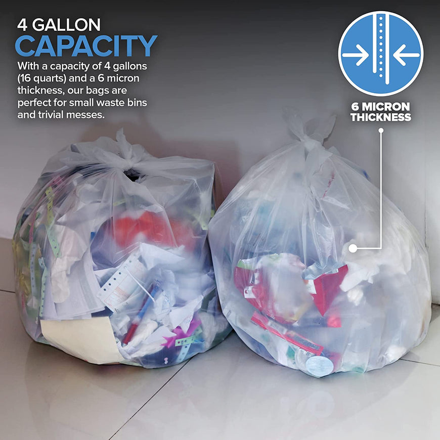 Stock Your Home 4 Gallon Clear Trash Bags (100 Pack) - Disposable Plastic Garbage Bags - Leak Resistant Waste Bin Bags - Small Bags for Office, Bathroom, Deli, Produce Section, Dog Poop, Cat Litter