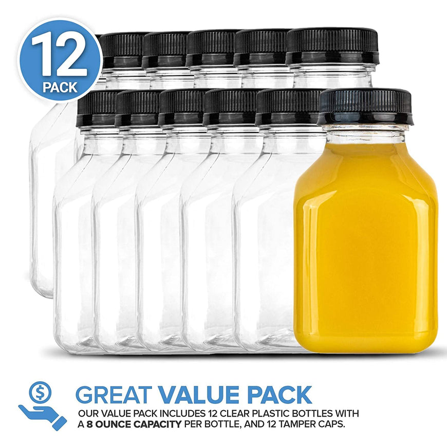 12oz Reusable Clear Plastic Juice Bottles with Caps, 12 Pack, by