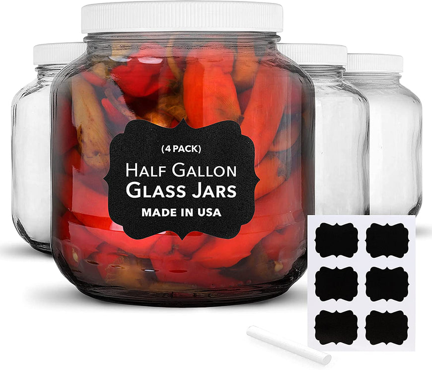 64 Oz Glass Jar with Plastic Airtight Lid (4 Pack) - Includes 6 Chalkboard Labels & 12 Pieces of Dustless Chalk - Half Gallon Mason Jar for pickling, fermentation, brewing, food storage