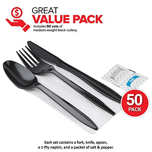Stock Your Home Plastic Cutlery Packets with Salt & Pepper in Black (50 Count) - Wrapped Cutlery - Plastic Utensils Individually Wrapped for Take Out, Delivery, Cafeterias, Restaurants, Uber Eats
