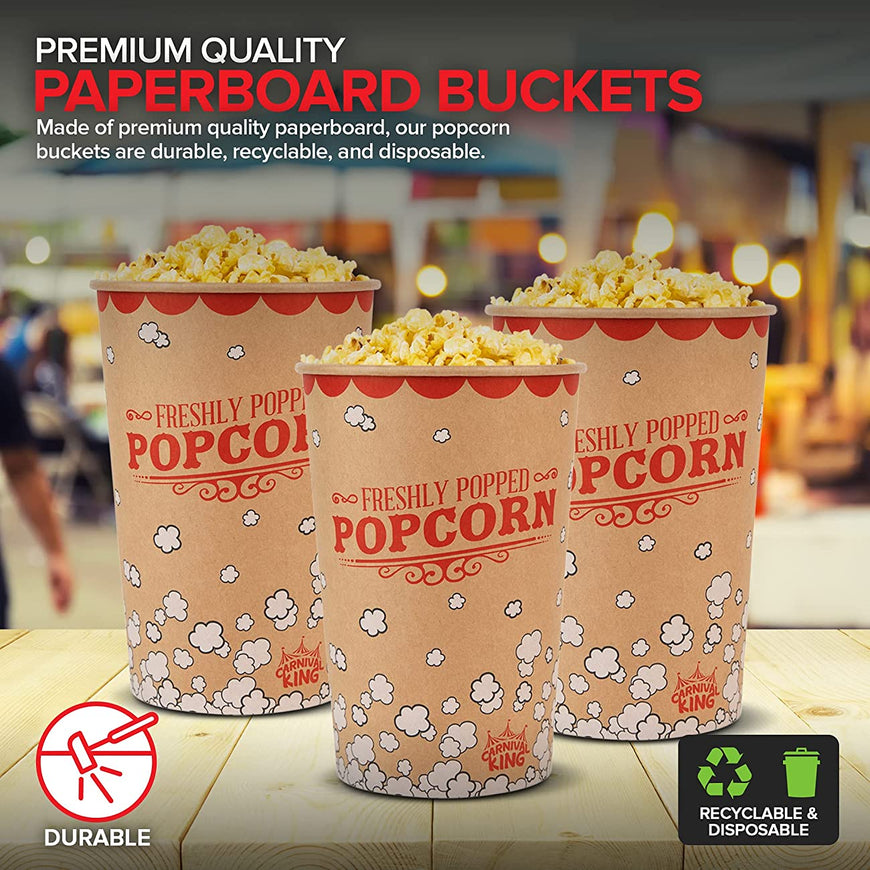 Stock Your Home 64 Oz Kraft Popcorn Buckets (25 Pack) - Grease Resistant Retro Style Popcorn Container- Vintage Kraft & Red Popcorn Buckets for Take Out, Movie Night, Theaters, Fair, Concessions