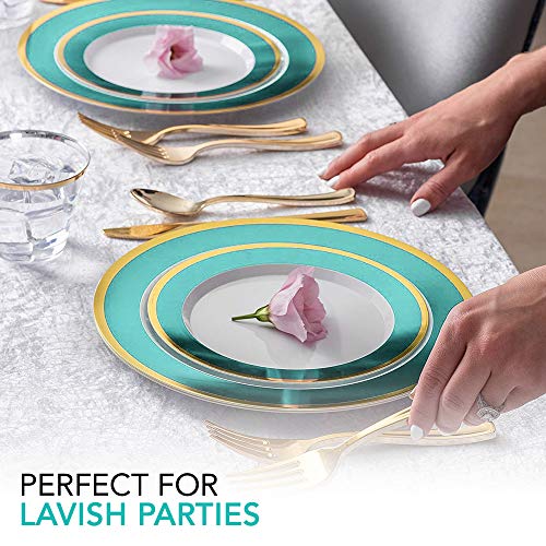 Mint and Gold Rim Plastic Dinnerware (125-Piece) Plastic Plates, Plastic Forks, Plastic Knives, Plastic Spoons - Service for 25 Guests Place Setting for Wedding, Party, Baby Shower, Birthday, Holiday
