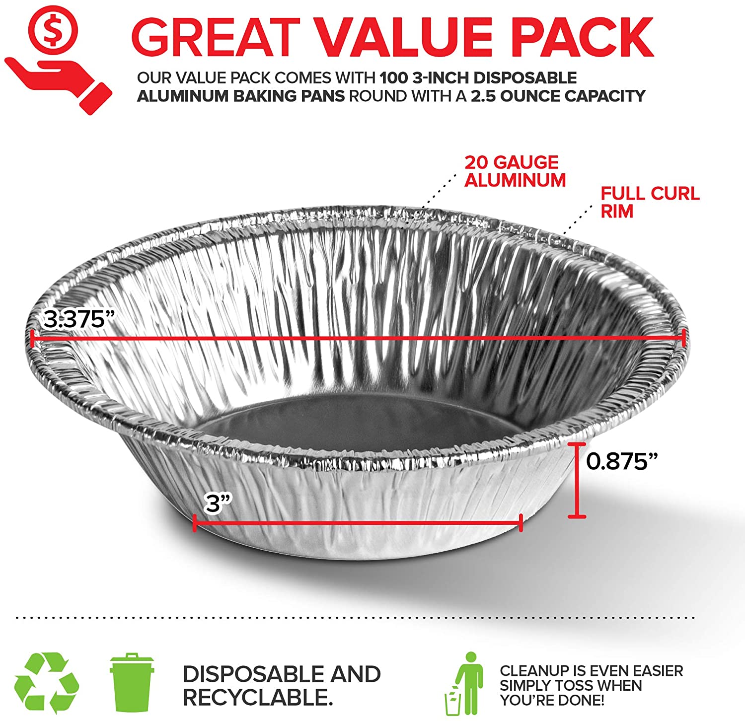 Stock Your Home 3 Inch Aluminum Foil Pie Pans (100 Count) - Disposable &  Recyclable Mini Pie Pans - Foil Pie Tin for Bakeries, Cafes, Restaurants 