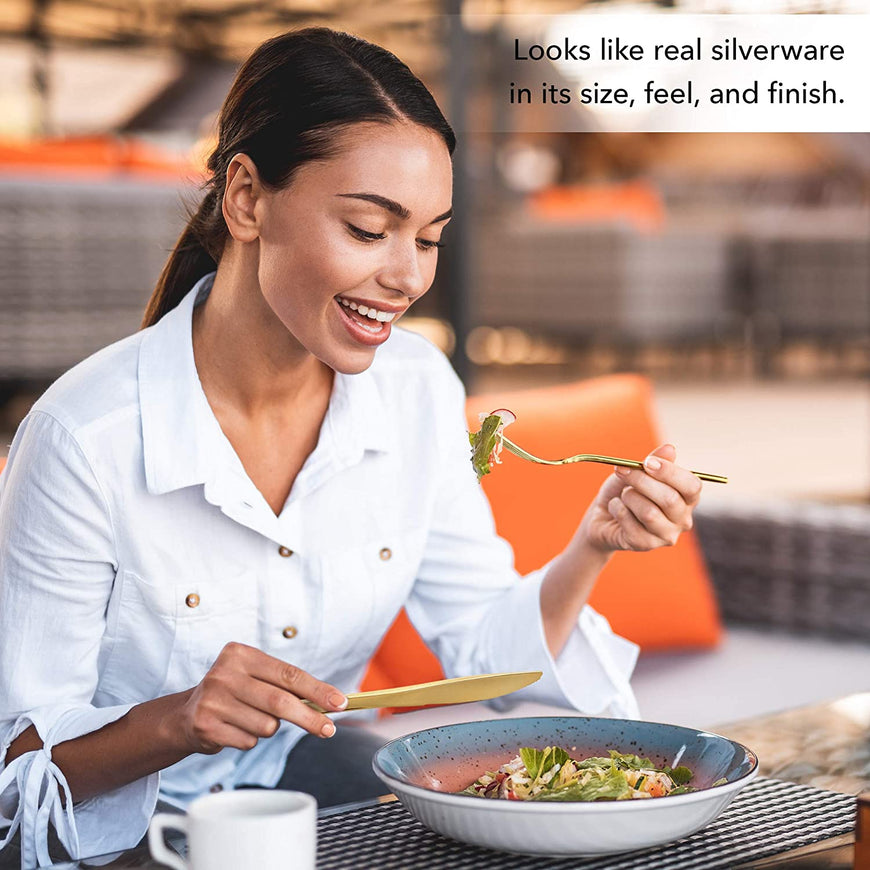 Gold Plastic Knives 125 Pack Dinner Knives, Disposable Cutlery, Heavy Duty Flatware, Plastic Silverware Set for Catering Events, Parties, Dinners, Weddings, Receptions and Everyday Use