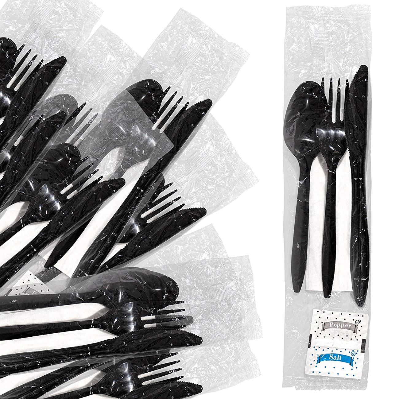 Choice Medium Weight Black Wrapped Plastic Cutlery Set with Napkin and Salt  and Pepper Packets - 250/Case