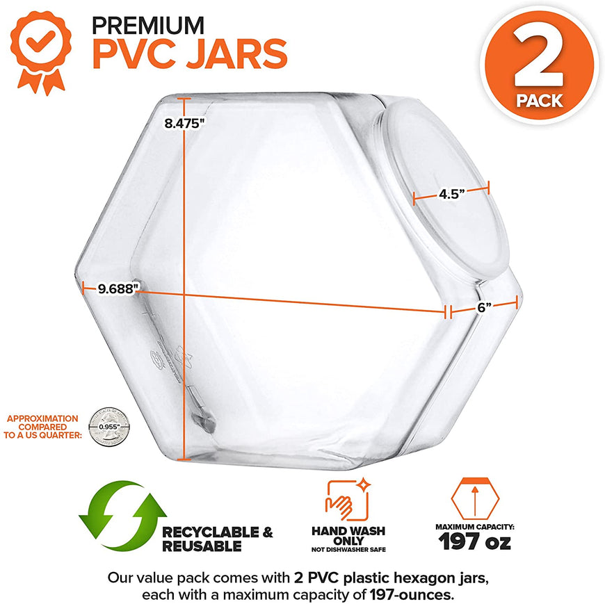 197-Ounce Plastic Jars with Lid (2 Count) - Wide Mouth Hexagon Cookie Jars - Reusable & Recyclable - Shatterproof Jars - Clear Plastic Jars for Cookies, Candy, Laundry Detergent Pods - Stock Your Home