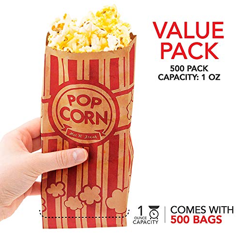 Stock Your Home Kraft Popcorn Bags (500 Pack) - Vintage Striped Popcorn Containers - Eco friendly Disposable Popcorn Bags - Recyclable Popcorn Bags For Movie Night, Theaters, Parties,Concession Stands