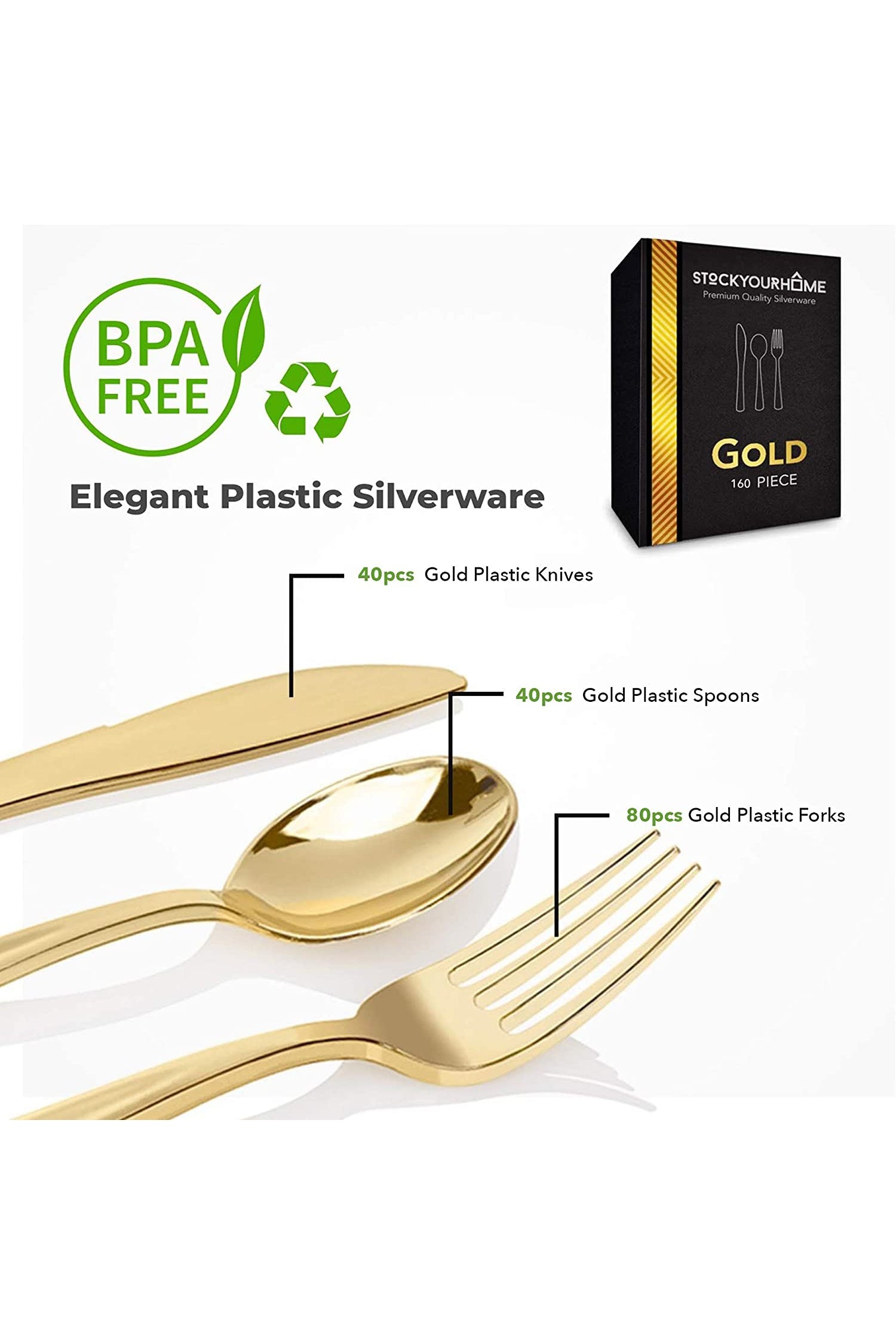 Stock Your Home 160-Piece Gold Plastic Silverware Set Includes 80 Fork