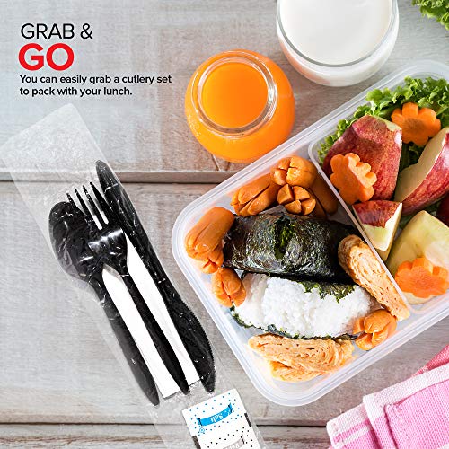 Stock Your Home Plastic Cutlery Packets with Salt & Pepper in Black (250 Count) - Wrapped Cutlery - Plastic Utensils Individually Wrapped for Take Out, Delivery, Cafeterias, Restaurants, Uber Eats