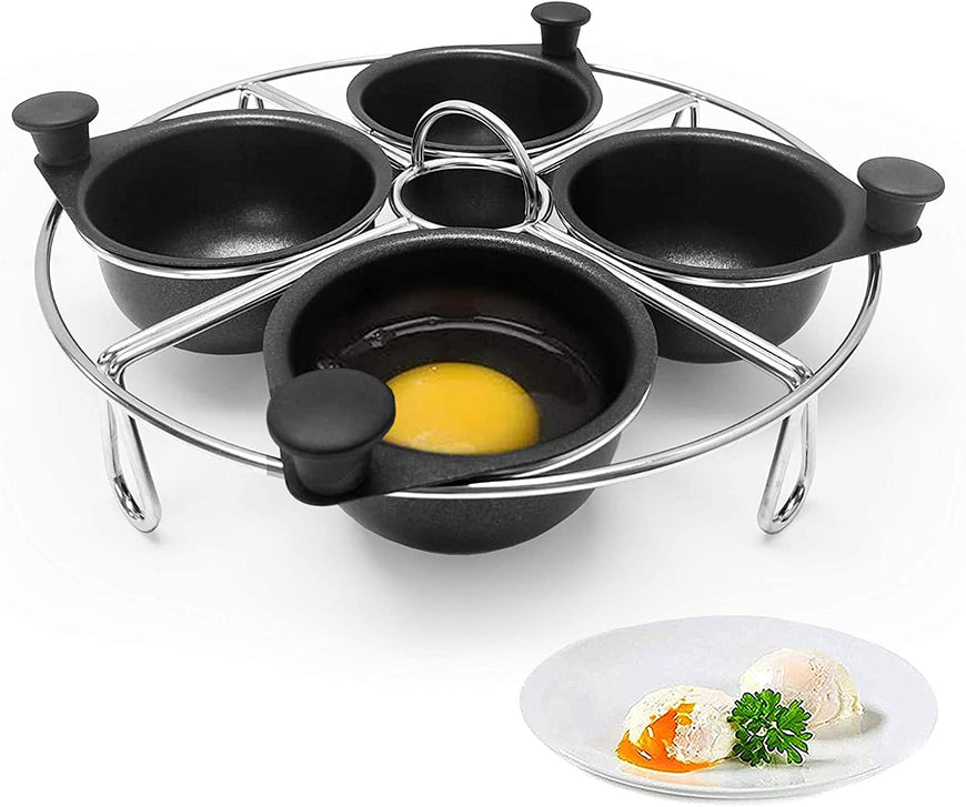 Modern Innovations Stainless Steel 4-Cup Egg Poacher Tray - Complimentary Silicone Mitt - Egg Poacher Insert for Poaching Eggs & Eggs Benedict - Poached Egg Maker Compatible with Most Pans