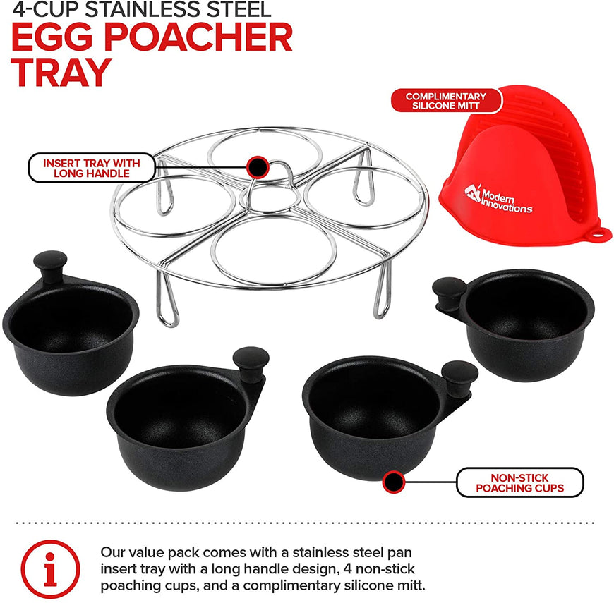 Modern Innovations Stainless Steel 4-Cup Egg Poacher Tray - Complimentary Silicone Mitt - Egg Poacher Insert for Poaching Eggs & Eggs Benedict - Poached Egg Maker Compatible with Most Pans