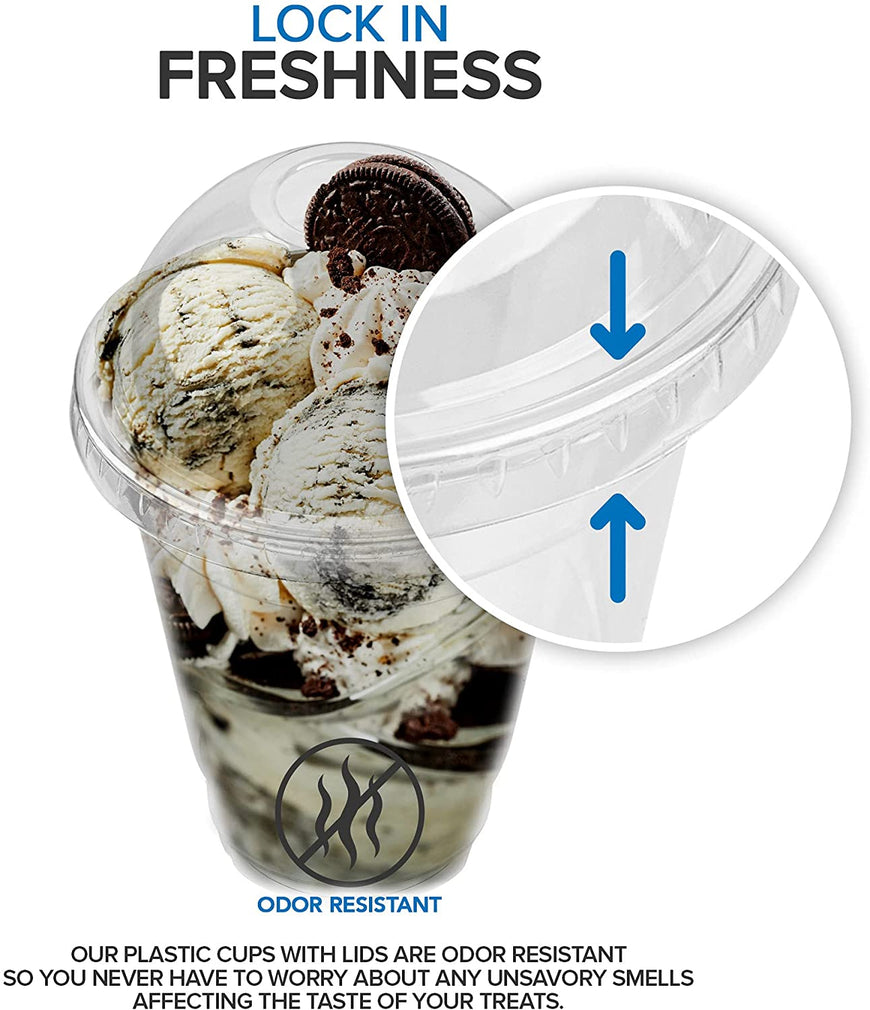 Stock Your Home 12-Ounce Dessert Cups With Dome Lids (50 Count) - Plastic Parfait Cups With Lids - Disposable And Leak-Proof - Clear Cups With Lids For Snacks, Food Sampling, Bakeries, Ice Cream