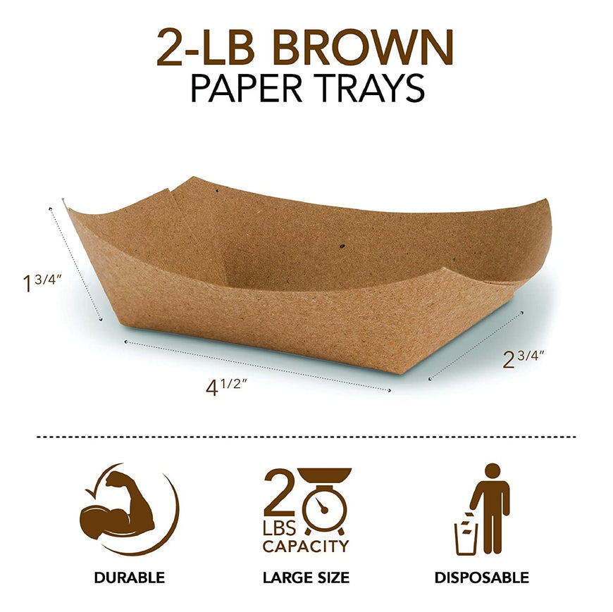 Paper Food Boats (250 Pack) Disposable Brown Tray 2 Lb - Eco Friendly Brown Paper Food Tray 4.5