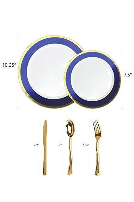 Blue and Gold Rim Plastic Dinnerware (125-Piece) Plastic Plates, Plastic Forks, Plastic Knives, Plastic Spoons - Service for 25 Guests Place Setting for Wedding, Party, Baby Shower, Birthday, Holiday