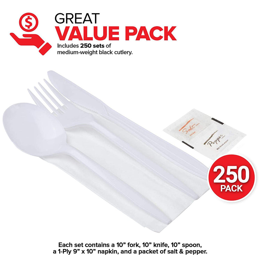 Stock Your Home Plastic Cutlery Packets with Salt & Pepper in White (250 Count) - Wrapped Cutlery - Plastic Utensils Individually Wrapped for Take Out, Delivery, Cafeterias, Restaurants, Uber Eats