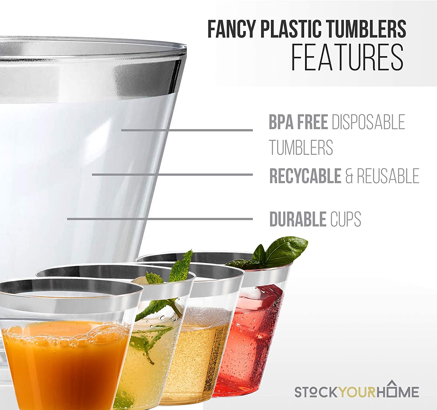 JL Prime 100 Silver Rim Clear Plastic Cups, 9 oz Heavy Duty Reusable Disposable Tumblers, Hard Plastic Multi-Purpose Cups for Party & Wedding