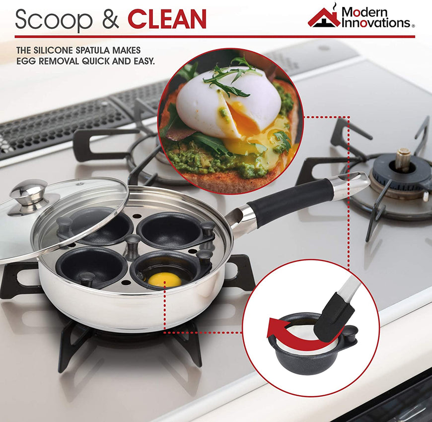 Modern Innovations Stainless Steel Egg Poacher Pan Set with 4 Nonstick Egg Poacher Insert Cups, Silicone Handle, Glass Lid and Removable Tray for Multi-use Frying Pan. BPA Free– Bonus Mini Spatula