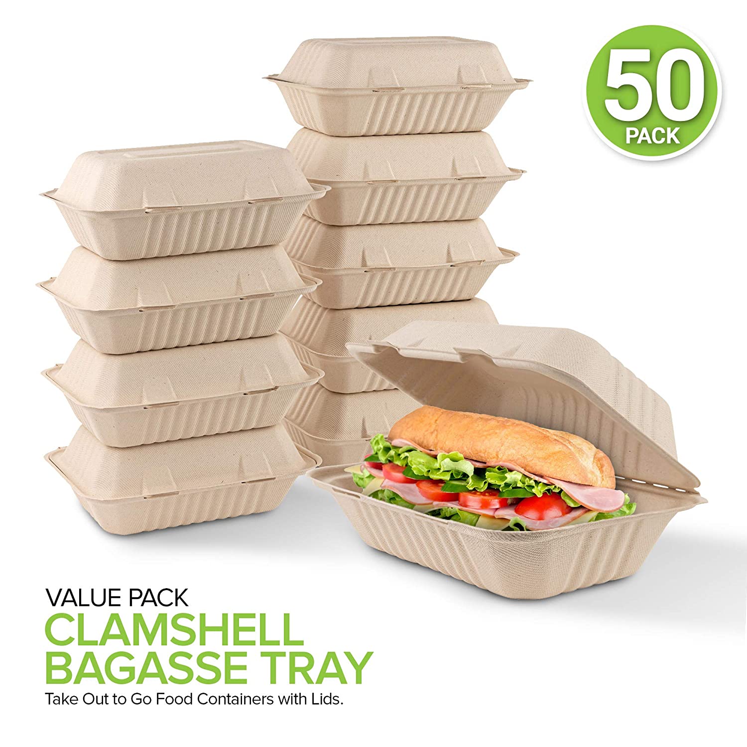 Bagasse Clamshell Takeout Containers, Biodegradable Eco Friendly Take Out  to Go Food Containers with Lids (8x8) 50 Count