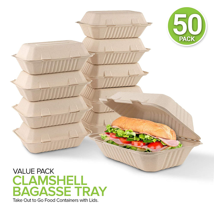 Stock Your Home 9 x 6 x 1 Bagasee Clamshell Take Out Boxes- 50  Count