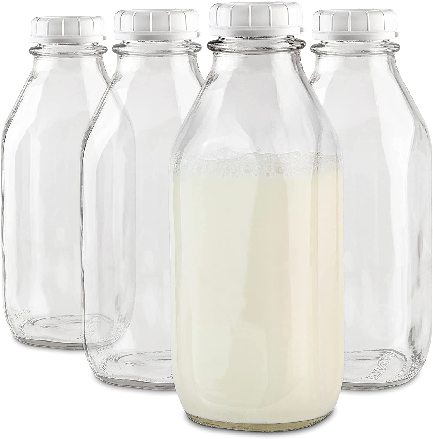 ZOOFOX 4 Pack 32 oz Glass Milk Bottles with 8 Metal Screw On Lids, Vintage  Milk Container for Refrig…See more ZOOFOX 4 Pack 32 oz Glass Milk Bottles