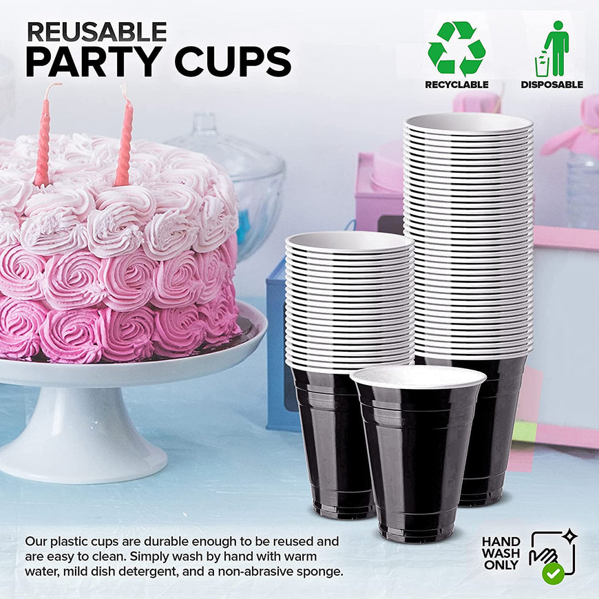 16-Ounce Plastic Party Cups in Black (50 Pack) - Disposable Plastic Cups - Recyclable - Black Cups with Fill Lines - Reusable Plastic Cups for Drinks, Soda, Punch, Barbecues, Picnics - Stock Your Home