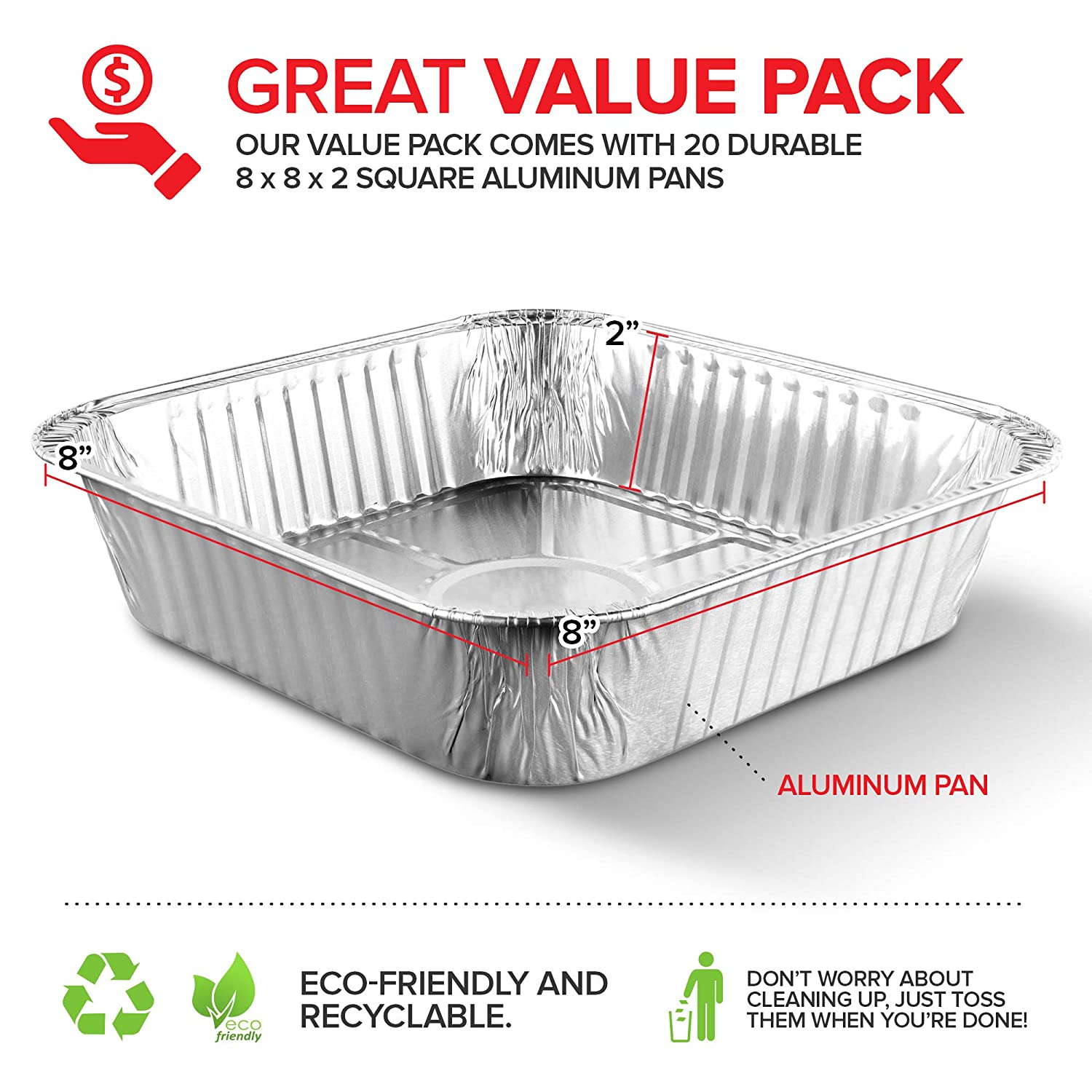 Aluminum Pans 8x8 Disposable Foil Pans (20 Pack) - 8 Inch Square Pans –  Stock Your Home