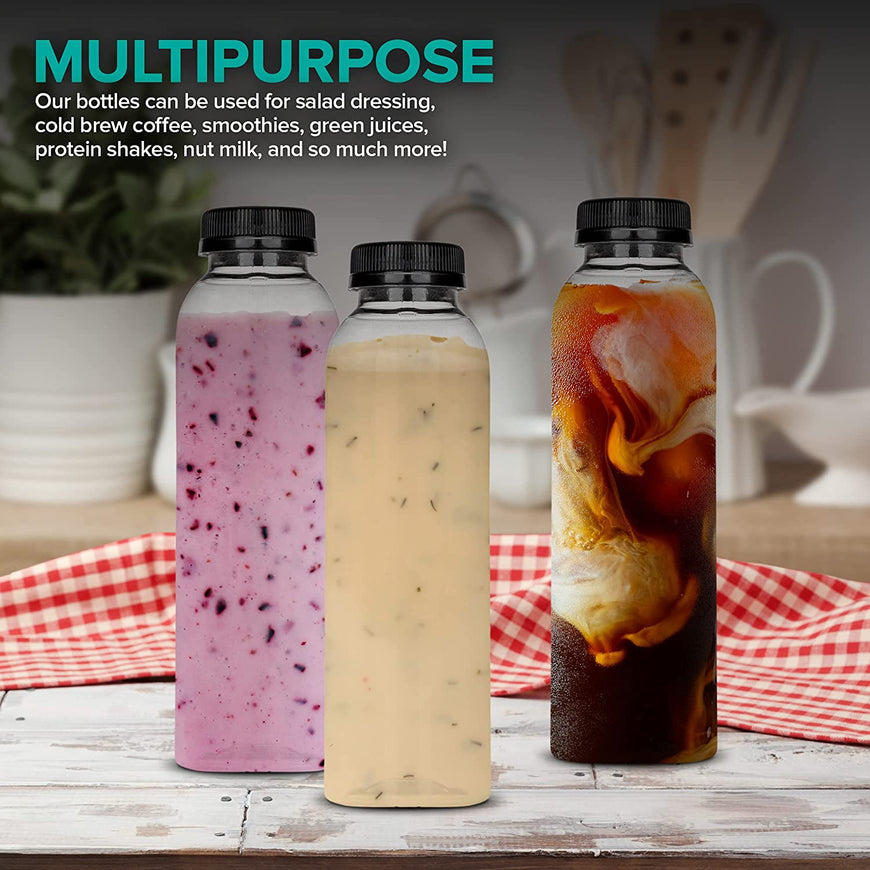 12 Oz Round Plastic Bottles with Caps (12 Pack) - BPA-Free Juice Bottles with Lids - Food Grade Plastic Bottles - Tamper Proof Caps - Bottles for Juice, Milk, Protein Shake, Smoothie - Stock Your Home