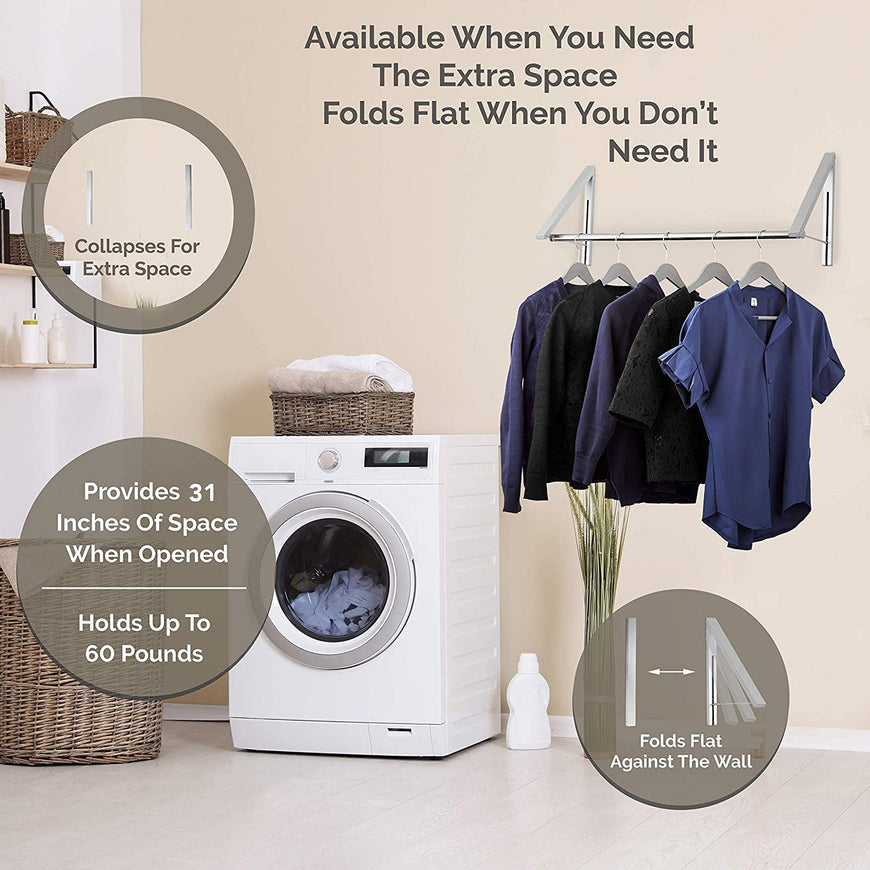 Stock Your Home Retractable Clothes Rack - Wall Mounted Folding Clothes Hanger Drying Rack for Laundry Room Closet Storage Organization, Aluminum, Easy Installation, 2 Racks with Rod (Silver)
