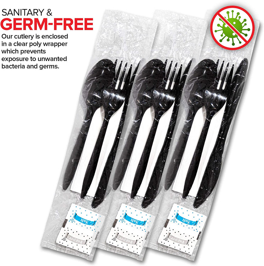 Stock Your Home Plastic Cutlery Packets with Salt & Pepper in Black (50 Count) - Wrapped Cutlery - Plastic Utensils Individually Wrapped for Take Out, Delivery, Cafeterias, Restaurants, Uber Eats