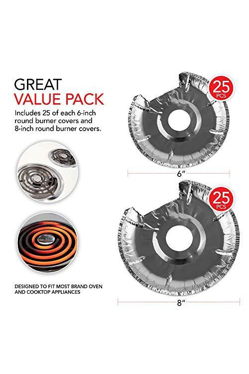 Electric Stove Burner Covers (50 Pack) - Electric Stove Bib Liners - Disposable Aluminum Foil 6 Inch and 8 Inch Round Burner Cover Liners to Keep Electric Range Stove Clean from Oil and Food Drips